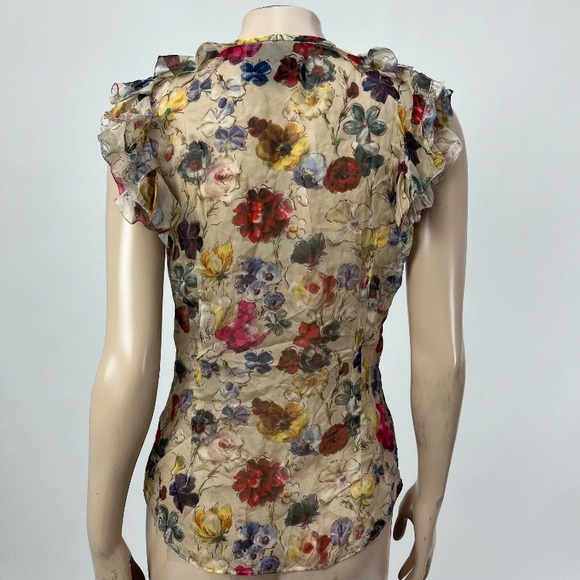 EUC - D&G Romantic Richly Colored Semi Sheer Floral Short Sleeve Ruffled Blouse - Picture 3 of 7